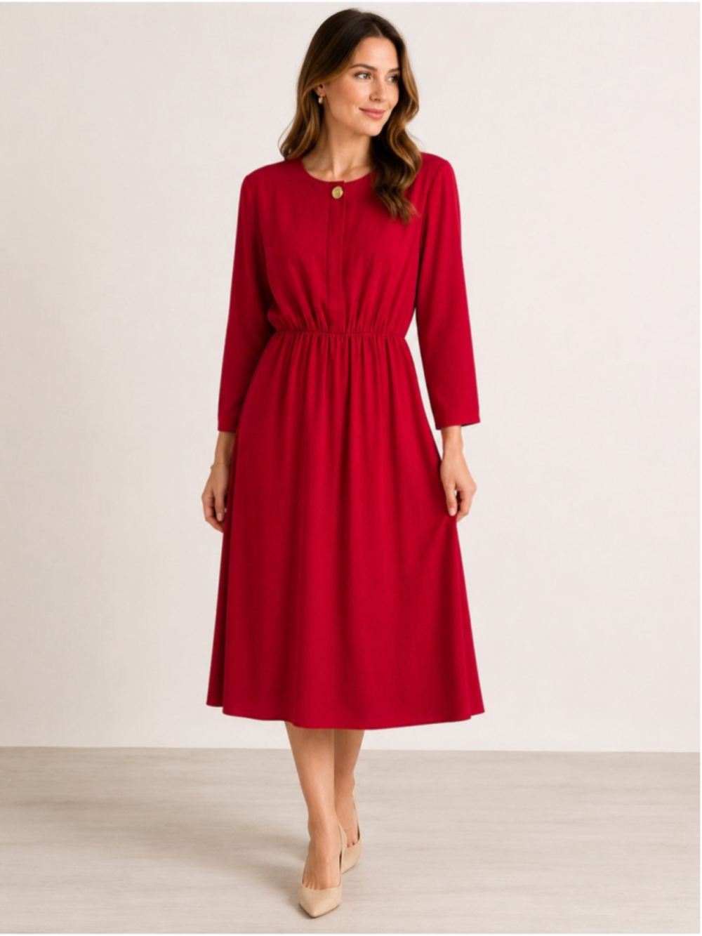 Vintage 80s 90s Braemar Petites Red Long Sleeve Midi Dress Size 9/10 Holiday